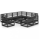 Set mobilier de gradina, 10 piese, negru, lemn masiv pin