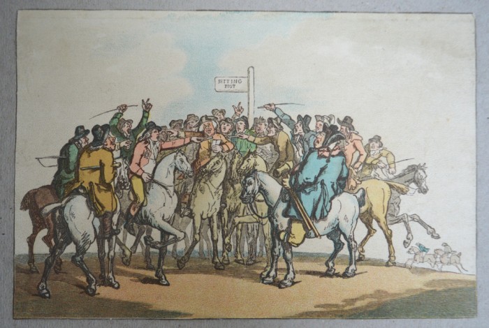 Thomas Rowlandson &quot;The Betting Post&quot; gravura veche sec 19