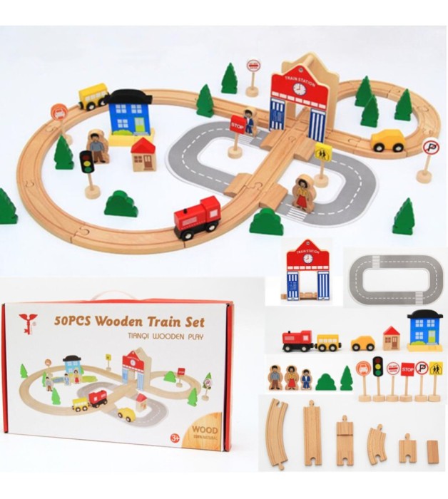 Set Trenulet cu Cale Ferata din Lemn - 50 Piese