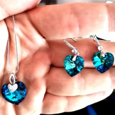 Set Colier si cercei dama MBrands Placat cu Aur Alb, cristale Swarovski? Crystals, forma inima - Albastru foto