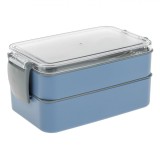 Set caserola alimente dubla pentru pranz Shopiens&reg;, din plastic cu inchidere clips, albastru gri cu furculita si lingura, 400-500 ml