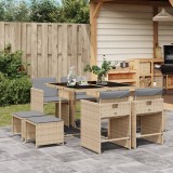 vidaXL Set de masă pentru grădină, 9 piese, cu perne, bej, poliratan