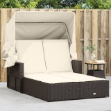 Șezlong Dublu vidaXL Poliratan Maro cu Baldachin Retractabil &amp; Perne Crem, 110x201cm, Rezistent UV