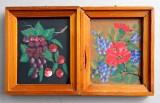 Set 2 Tablouri Miniatura Acrilic Struguri &amp; Flori, 15x12.5cm, Pictura Vintage, Rama Lemn, Arta Colectie
