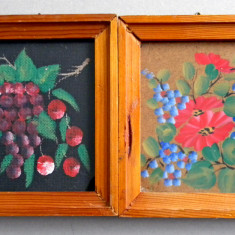 Struguri si flori - 2 tablouri miniaturi originale acrilic pe placaj 15x12,5cm