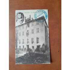 Fotografie tip carte postala, cladirea unde s-a nascut Napoleon Bonaparte+portret in partea de su
