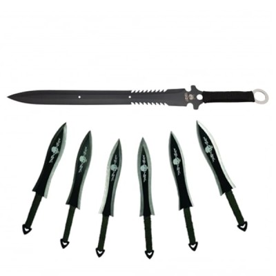 Set sabie de vanatoare Last Ronin si sase cutite de aruncat, otel inoxidabil, negru foto