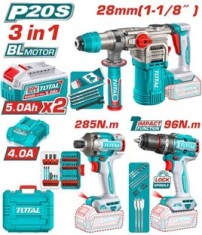 TOTAL - KIT COMBO 20V - CIOCAN ROTOPERCUTOR, MASINA DE GAURIT CU IMPACT, MASINA DE INSURUBAT (INCLUD PowerTool TopQuality