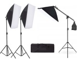 Cumpara ieftin Kit 3 softbox cu macara, geanta transport, fara becuri incluse, soclu suport bec standard E27, Negru
