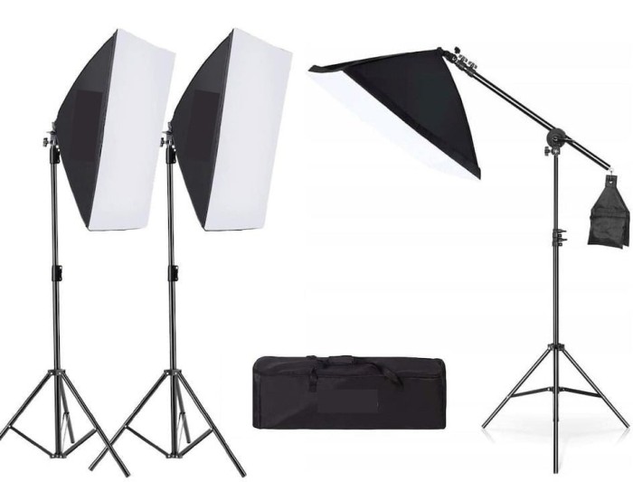 Kit 3 softbox cu macara, geanta transport, fara becuri incluse, soclu suport bec standard E27, Negru