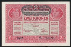 q457 AUSTRIA UNGARIA 2 KRONEN COROANE 1917 stampilata D&amp;Ouml; aUNC text in romana foto