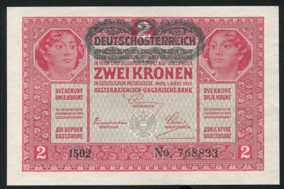 q457 AUSTRIA UNGARIA 2 KRONEN COROANE 1917 stampilata D&amp;Ouml; aUNC text in romana foto