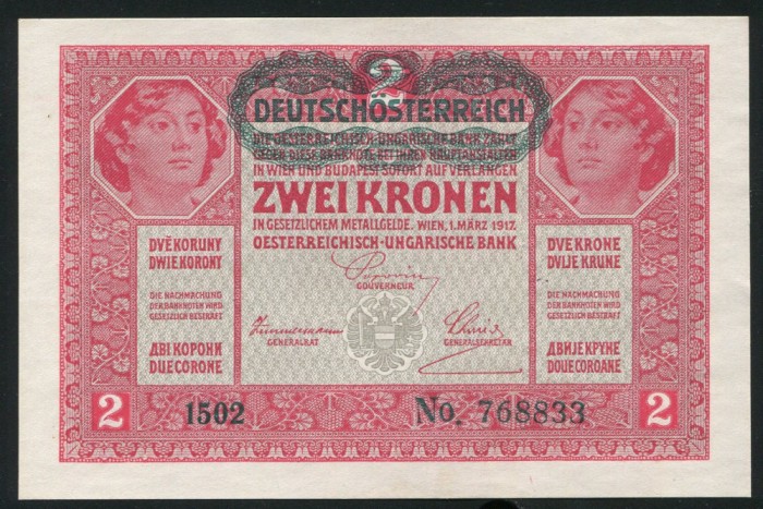 q457 AUSTRIA UNGARIA 2 KRONEN COROANE 1917 stampilata D&Ouml; aUNC text in romana