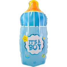 Balon din folie metalizata, flippy, mini figurina biberon, model it&#039;s a boy, tematica gender reveal, 44x20 cm, ambalaj individual, pai inclus, umflare