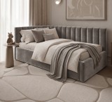 Pat tapitat pe colt Bubu, 140x200 cu somiera inclusa, culoare Gri