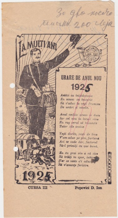 Urare de anul nou Cursa 3 Posta Bucuresti 1925