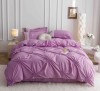 Lenjerie Pat Dublu Finet 6 Piese Mov cu Pliuri si Inimi Brodate - Cearceaf fara Elastic, Husa Pilota, 4 Fete Perna 230x250, 200x230, 55x80, 70x70 cm