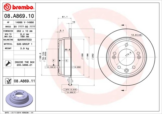 BREMBO 08.A869.11 PRIME LINE - UV Coated Disc frana
