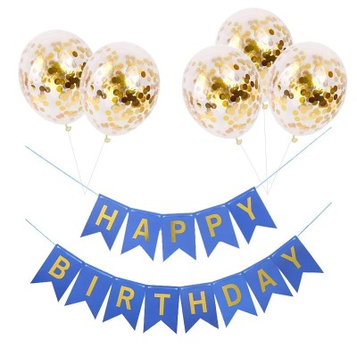 Set 5 baloane confetti auriu si banner Happy Birthday albastru foto