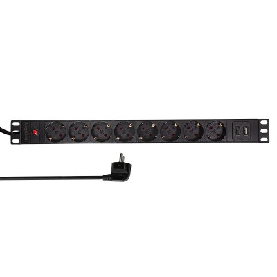 PDU LOGILINK 1U pt. rack 19 inch, 8 prize Schuko, intrare Schuko, max 16 A, on/off, protectie la supratensiune, 2 x USB 2.1A, 2 m, &amp;quot;PDU8C02&amp;quot; (timbru v foto