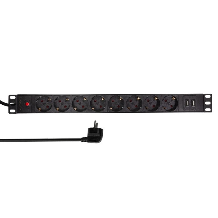 PDU LOGILINK 1U pt. rack 19 inch, 8 prize Schuko, intrare Schuko, max 16 A, on/off, protectie la supratensiune, 2 x USB 2.1A, 2 m, &quot;PDU8C02&quot; (timbru v
