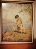 Tablou religios copil baiat rugandu-se cu miel pasare animale art print