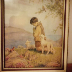 Tablou religios copil baiat rugandu-se cu miel pasare animale art print