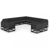 Set mobilier grădină vidaXL, 13 piese, lemn pin masiv, negru/antracit, canapele colț/mijloc, perne incluse