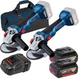 Bosch 2x GWS 18V-10 + 1600A00B8J + 1619BZ0100 - 2x Polizor unghiular 125 mm + Set 2 acumulatori si incarcator Li-Ion 18 V 5 Ah + Geanta textila