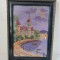 Tablou goblen vechi inramat, sub sticla, peisaj cetate cu turnuri pe margine de rau, 44x32cm