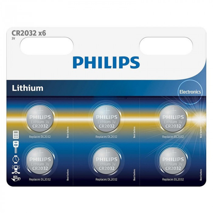 Set 6 baterii Lithium Philips, CR2032, 3 V, 210 mAh, ambalaj blister