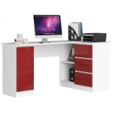 Cumpara ieftin Birou calculator pe colt, placa laminata, 3 sertare, 4 rafturi, alb si rosu lucios, 155x85x77 cm