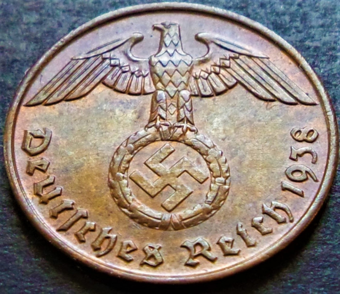 Moneda istorica 2 REICHSPFENNIG - GERMANIA NAZISTA, anul 1938 J * cod 909