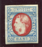 1869 , Lp 29 , Carol I 50 Bani albastru deschis / rosu - nestampilat