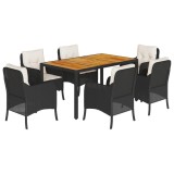 Set mobilier de gradina cu perne, 7 piese, negru, poliratan
