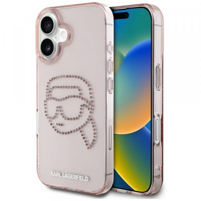 Husa pentru Apple iPhone 16, Karl Lagerfeld, IML Rhinestones Karl&amp;#039;s Head, Roz foto