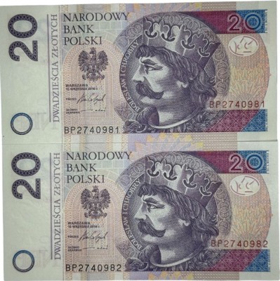 POLONIA 2 X 20 ZLOTI ZLOTYCH 2016 UNC CONSECUTIVE [1] P- 184 b , necirculata foto