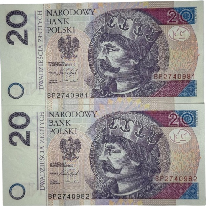 POLONIA 2 X 20 ZLOTI ZLOTYCH 2016 UNC CONSECUTIVE [1] P- 184 b , necirculata