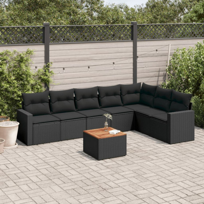 Set mobilier de gradina cu perne, 8 piese, negru, poliratan