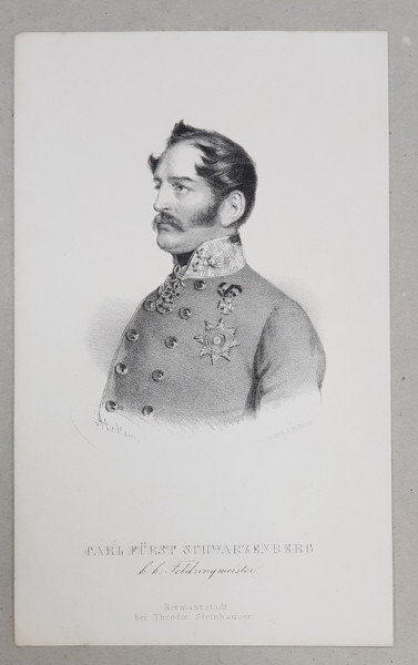 CARL FURST( PRINT ) SCHWARZENBERG , GRAVURA PE METAL de J. HOFELICH , TIPARITA LA SIBIU , SEC. XIX