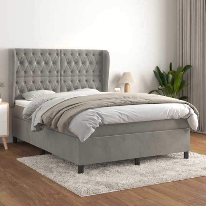 vidaXL Pat box spring cu saltea, gri deschis, 140x190 cm, catifea 3129387
