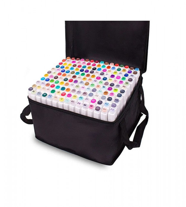 Set 168 bucati Markere TouchFive multicolor, cu 2 capete diverse culori si geanta