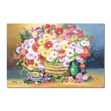 Tablou GIGANT pictat manual, Cos cu crizanteme si fructe, 120x80cm ulei pe panza, Constantin Feraru