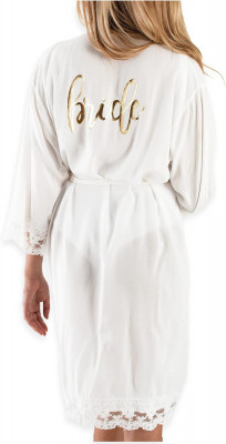 Rochie de nuntă pentru mireasă rty | Bumbac alb de pregătire Robă cu detalii de foto