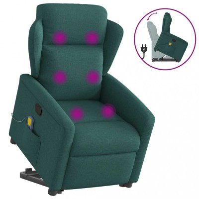 vidaXL Fotoliu rabatabil de masaj, cu ridicare, verde &amp;icirc;nchis, textil 3303150 foto