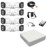 Sistem supraveghere video Hikvision 8 camere exterior ColorVu 5MP, lumina alba 40m, DVR 8 canale Hikvision, accesorii, hard disk SafetyGuard Surveilla