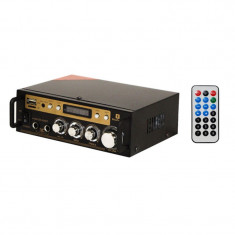 Amplificator audio Bluetooth, 2 x 30 W RMS, USB, microSD, 2 x intrare microfon, display digital foto
