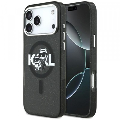 Husa MagSafe pentru Apple iPhone 17 Pro Max, Karl Lagerfeld, IML Sketch Logo Glitter Karl &amp;amp; Choupette, Neagra foto