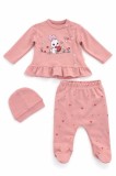 Set bebe fete 3 piese roz iepuras bluza volan pantaloni caciula (Marime