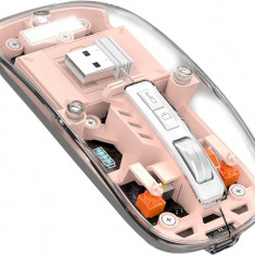 Mouse Nou M133, 2400dpi, 5 Butoane, Indicator Nivel Baterie, Transparent, Roz, Wireless + Bluetooth NewTechnology Media